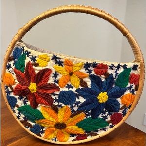 Vintage Hand Knitted Floral on both sides Round Basket Purse 1960-1970’s era
